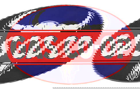 GAS CO-OP PORCELAIN SIGN W/ BUFFALO SKULL GRAPHIC: DSP. C. 1940s. CONDITION: Side one showing bright color with only one chip in the left field. Side one shows clear coat throughout, with light chips in the outer field as well as along the outer edge.
