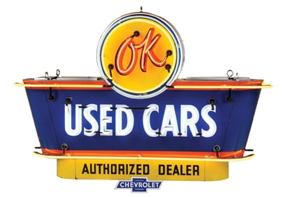 OK USED CARS COMPLETE PORCELAIN NEON SIGN W/ BULLNOSE ATTACHMENTS
