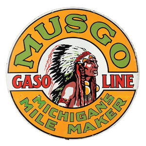 RARE MUSGO GASOLINE "MICHIGAN'S MILE MAKER" PORCELAIN SIGN W/ NATIVE AMERICAN GRAPHIC.