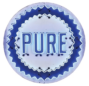 PURE GASOLINE PORCELAIN SERVICE STATION SIGN W/ ADDED NEON
