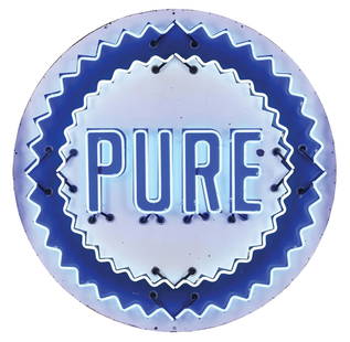 PURE GASOLINE PORCELAIN SERVICE STATION SIGN W/ ADDED NEON: SSP. Sign is Maker Marked S.P.S., dated 1965. CONDITION: Sign shows excellent color and gloss throughout the field, with numerous areas of small chipping in the inner and outer fields as well as some