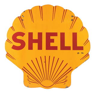 SHELL GASOLINE PORCELAIN SERVICE STATION SIGN: DSP. C. 1930s. CONDITION: Side one is bright and glossy, showing an excellent condition field with no field chipping. Side one shows chipping at the mounting holes, as well as light chips along the