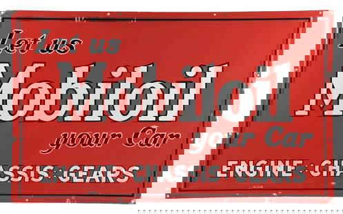 LET US MOBILOIL YOUR CAR PORCELAIN SERVICE STATION SIGN: SSP. C. 1930s. CONDITION: Outstanding color and gloss throughout the field, showing clean lettering with just a few light areas of minor chipping. Sign shows areas of chipping at the self-framed
