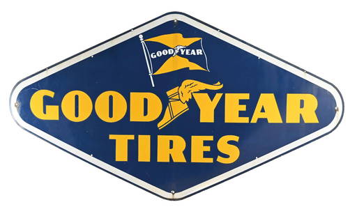 GOODYEAR TIRES PORCELAIN SERVICE STATION SIGN: SSP. C. 1950s. CONDITION: Sign shows bright color and gloss, with only a few minor chips in the field as well as some minor surface scratches and streaks in the gloss. Minor chipping and staining at