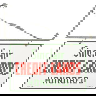 SINCLAIR CREDIT CARDS HONORED PORCELAIN SIGN W/ ORIGINAL HANGER: DSP. Sign is Maker Marked SPSC, dated 1954. CONDITION: Outstanding color and gloss throughout the field of each side, showing only light surface scratches, most likely from storage. Sign shows faint
