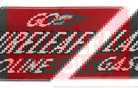 GO WITH LAURELEAF GASOLINE PORCELAIN SIGN: SSP. Large Porcelain Sign for Laureleaf Gasoline showing Car Graphic. CONDITION: Very good color and gloss throughout, with areas of scattered touch-up in the inner and outer fields. Touch-up present