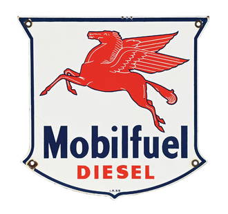MOBILFUEL DIESEL PORCELAIN PUMP PLATE SIGN.: SSP. Maker Marked Ingram Richardson, dated 1959. CONDITION: Sign shows brilliant color and gloss throughout the chip-free field, showing only a few light areas of surface scratch. Sign shows light
