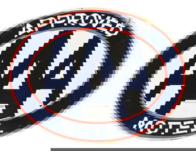 AAA APPROVED MOTEL PORCELAIN OVAL SIGN: DSP. C. 1950s. CONDITION: Excellent color and gloss throughout the field of each side, with minimal knicks and light surface scratches. Sign shows minor chipping at the mounting holes, as well as