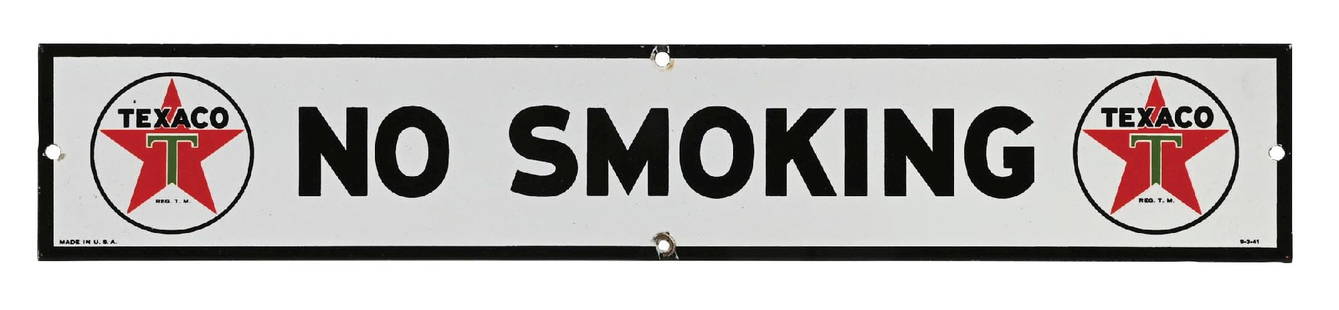 TEXACO "NO SMOKING" PORCELAIN SERVICE STATION SIGN: SSP. Dated 1941. CONDITION: Brilliant color and gloss throughout showing no notable field wear. Very minimal nicks at the mounting holes as well as some faint outer edgewear. An excellent example.