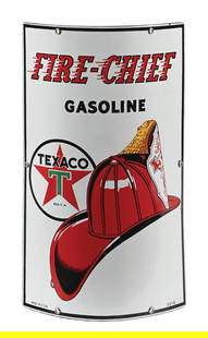 TEXACO FIRE CHIEF GASOLINE CURVED PORCELAIN PUMP PLATE: SSP. Dated 1945. CONDITION: Outstanding color and gloss throughout, showing no notable field wear with clean graphics. Sign shows one minor nick at right mounting hole, with minimal wear at the outer