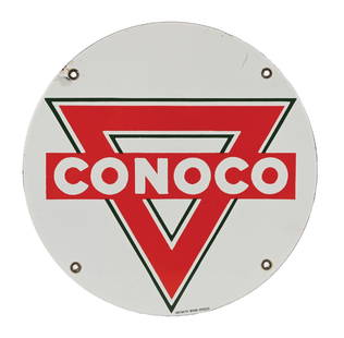 CONOCO GASOLINE & MOTOR OIL PORCELAIN SIGN: SSP. Maker marked Veribrite Signs. CONDITION: Outstanding color and gloss throughout the field, showing no notable field wear other than a few fine surface scratches. Mounting holes are each in