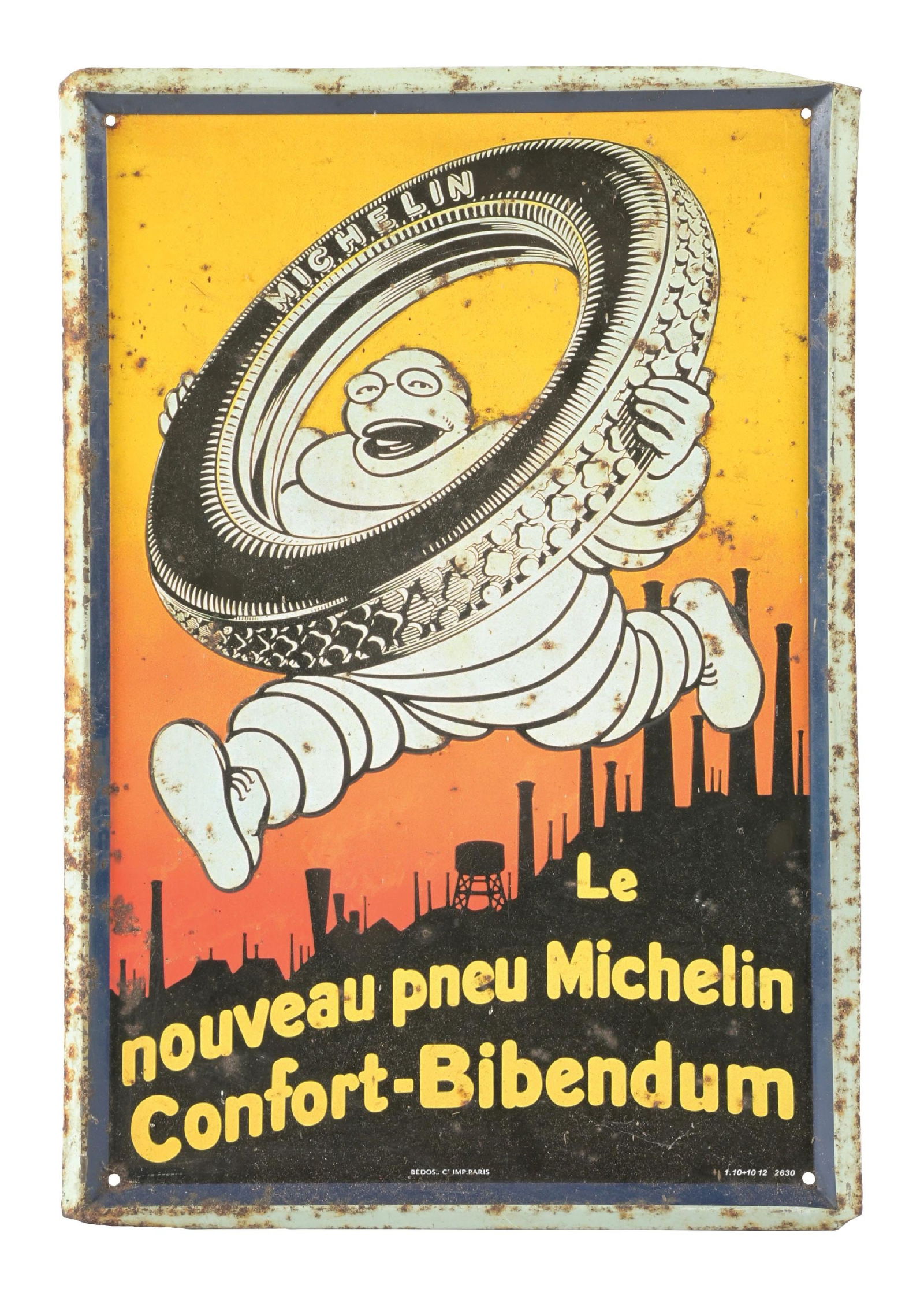 MICHELIN TIRES TIN SIGN W/ SELF FRAMED OUTER EDGE: SST. C. 1930s. CONDITION: Sign shows bright color and gloss throughout the field, with minor areas of light surface rusting. Mounting holes are in excellent condition, and the self framed outer edge s