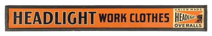 HEADLIGHT WORK CLOTHES EMBOSSED TIN SIGN W/ ORIGINAL WOOD FRAME