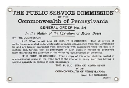PENNSYLVANIA OPERATION OF MOTOR BUSES NOS PORCELAIN SIGN AGS 96