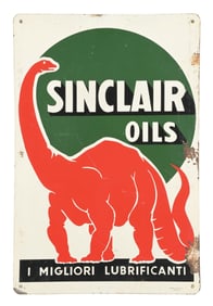 SINCLAIR OILS TIN SERVICE STATION SIGN W/ DINO GRAPHIC
