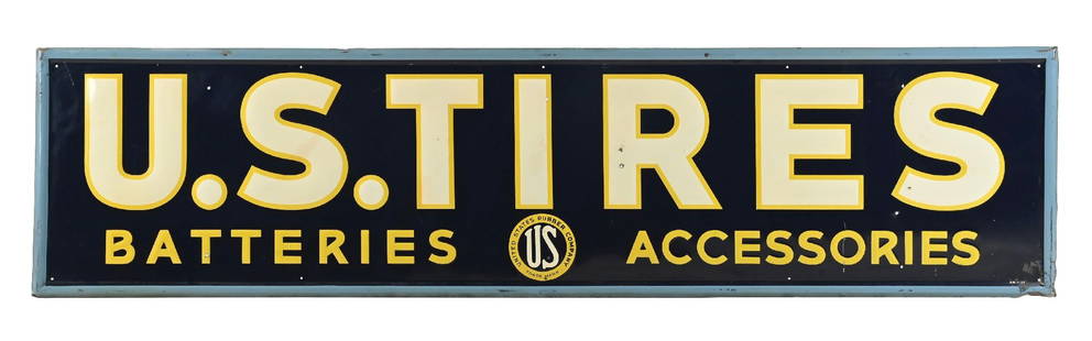 U.S. TIRES EMBOSSED TIN SIGN W/ SELF FRAMED OUTER EDGE: SST. Maker marked A.M. and dated 1939. CONDITION: Sign shows excellent color and gloss, with minor areas of light surface scratching in the field as well a some some added mounting holes in the inner