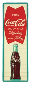 DRINK COCA COLA "ENJOY THAT REFRESHING NEW FEELING" TIN SIGN W/ BOTTLE GRAPHIC