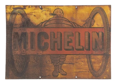 MICHELIN TIRES TIN SIGN W/ TIE & BIBENDUM GRAPHIC
