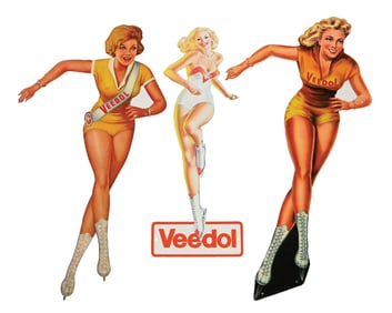COLLECTION OF 3: VEEDOL "SKATER GIRLS" DIE-CUT TIN ADVERTISING SIGNS