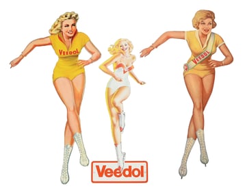 COLLECTION OF 3: VEEDOL MOTOR OIL "SKATE GIRLS" DIE-CUT TIN ADVERTISING SIGNS
