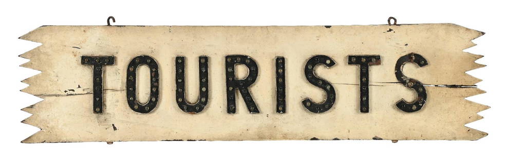 TOURISTS THREE-DIMENSIONAL WOOD SIGN W/ GLASS CAT EYE REFLECTORS: Double-Sided Hand Made Wood Sign showing "Tourists" in cut out wooden letters with over 75 individual glass cat eye reflectors throughout the lettering of each side. CONDITION: Sign is in all