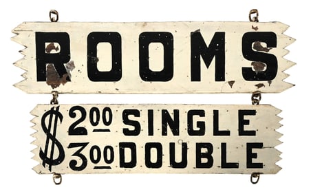 TOURIST ROOMS $2.00 SINGLE & $3.00 DOUBLE TWO PIECE HAND-PAINTED WOOD ROADSIDE SIGN