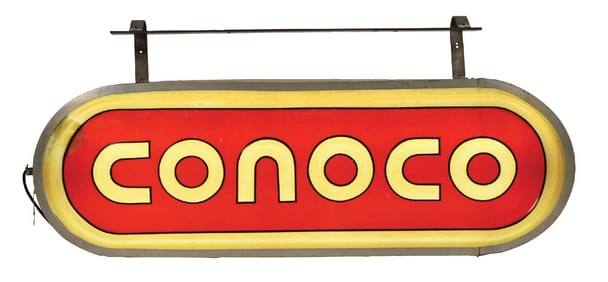 CONOCO GASOLINE EMBOSSED PLASTIC SERVICE STATION SIGN ON ORIGINAL METAL CAN