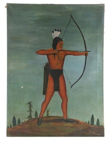 ARCHER OIL COMPANY NATIVE AMERICAN ARTWORK OIL ON CANVAS PAINTING, SIGNED SKINNER