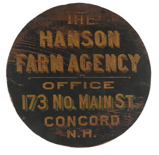 THE HANSON FARM AGENCY OFFICES HAND-PAINTED WOODEN TRADE SIGN CONCORD, NEW HAMPSHIRE: Single-sided hand-painted wood showing three-color shaded lettering for The Hanson Farm Agency in Concord, New Hampshire. C. 1890s. CONDITION: Original throughout, showing bright colors with