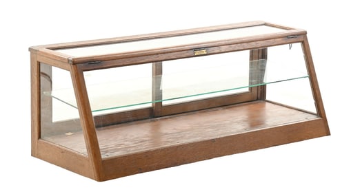 ORIGINAL COLUMBUS OAK & GLASS COUNTERTOP STORE DISPLAY CASE W/ DUAL TOP & BACK ENTRY