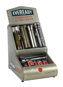 EVEREADY FLASHLIGHT & BATTERIES TIN STORE DISPLAY W/ FLASHLIGHT AND BATTERY ACCESSORIES