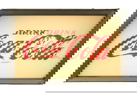 DRINK COCA-COLA LIGHT-UP STORE DISPLAY SIGN: Single-sided light-up display showing plastic face. Maker Marked "Price Brothers." CONDITION: Advertising face is in excellent original condition, showing only a few minor areas of light scratching.