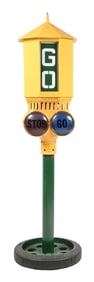 RARER WILEY STOP & GO CAST IRON TRAFFIC SIGNAL W/ DIRECTIONAL STREET SIGNAGE.