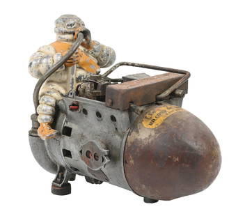 MICHELIN TIRES SERVICE STATION AIR COMPRESSOR: C. 1930s. CONDITION: Compressor shows all original paint with excellent condition Bibendum figure. Compressor shows original carrying handle, but is missing the lid to the access panel. Overall