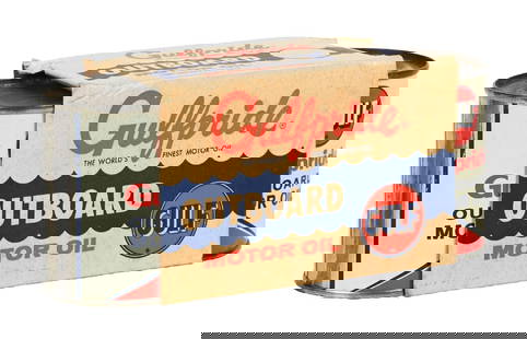 NOS GULF OUTBOARD MOTOR OILS SET OF 3 CANS W/ ORIGINAL CARD STOCK DISPLAY: Set of three half pint cans. C. 1950s. CONDITION: Each of the three cans are in outstanding condition, showing brilliant color and gloss, with no notable wear. Each the three cans are full and are