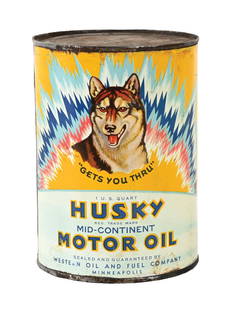 HUSKY MOTOR OIL ONE QUART CAN W/ DOG GRAPHIC: One Quart Can, C. 1940s. CONDITION: Can displays very well, showing excellent graphics on each side. Can shows minor areas of dirt staining on each side, but overall very clean. This can was a flat