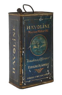 RARE HAVOLINE MARINE MOTOR OIL ONE GALLON CAN W/ BOAT GRAPHIC: One Gallon Can. A fair example of this rare one gallon can from Havoline Marine Motor Oil, this is the only example of this item we have ever seen, showing a boat graphic on each side. CONDITION: Can