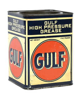 GULF HIGH PRESSURE GREASE FIVE POUND GREASE CAN: Five Pound Can. C. 1930s. CONDITION: Excellent all original condition with bright color and gloss throughout, with graphics on all four sides. Can shows only minimal storage wear with minor scratches
