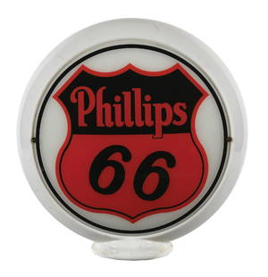 PHILLIPS 66 GASOLINE COMPLETE 13.5" GLOBE ON NARROW MILK GLASS BODY: Complete 13.5" Globe On Narrow Milk Glass Body. CONDITION: Globe is in outstanding condition throughout, showing excellent condition lenses with only a minimal amount of light wear and surface
