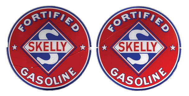SKELLY FORTIFIED GASOLINE PAIR 13.5" GLOBE LENSES: Set Of Two 13.5" Globe Lenses. C. 1950s. CONDITION: Lenses each show outstanding color and gloss throughout, with each showing repaired breaks. Repairs are nicely done, and the lenses are missing no