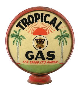 RARE TROPICAL GAS SINGLE 15" GLOBE LENS ON ORIGINAL METAL BODY: Single 15" globe lens on original low profile metal body. An extremely rare lens one of only two known lens examples. This lens features two unique palm tree graphics with sunburst as well as the slog