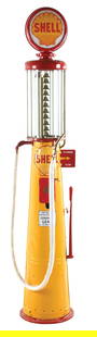 GILBERT & BARKER 10 GALLON VISIBLE GAS PUMP RESTORED IN SHELL GASOLINE: CONDITION: Pump shows an excellent restoration done in Shell, showing new Shell pump plates with white cloth hose and polished brass nozzle. Skins show minor areas of denting, and the glass cylinder i