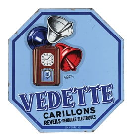VEDETTE CARILLONS FOR SALE HERE PORCELAIN SIGN W/ CLOCK & BELL GRAPHIC