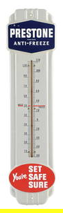 PRESTONE ANTI-FREEZE PORCELAIN SERVICE STATION THERMOMETER: SSP. C. 1950s. CONDITION: Brilliant color and gloss throughout, showing no chipping in the inner or outer field. Light factory flaw the upper-left. Mounting holes and outer edges are in outstanding co