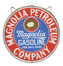 MAGNOLIA GASOLINE FOR SALE HERE PORCELAIN SERVICE STATION SIGN W/ ORIGINAL RING