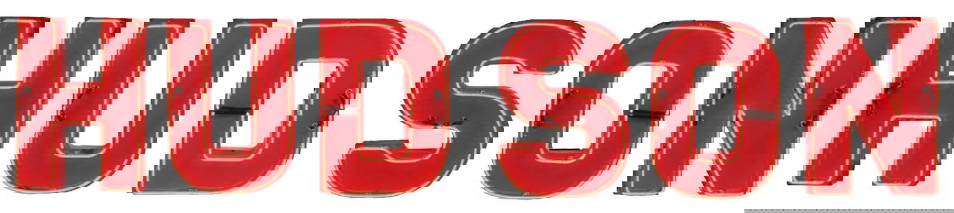 HUDSON AUTOMOBILES PORCELAIN NEON CHANNEL LETTERS: SSP. C. 1950s. CONDITION: Six individual three-dimensional porcelain letters showing "Hudson" with added neon throughout each letter. Letters each show bright color and gloss, with areas of edge chipp
