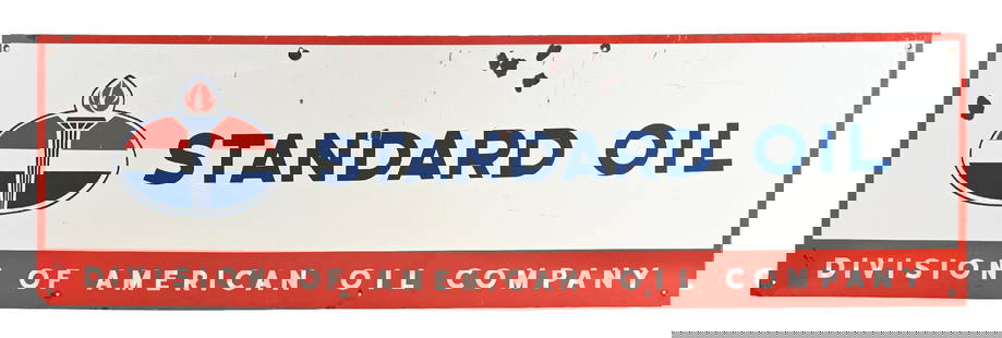 STANDARD OIL COMPANY PORCELAIN SIGN: SSP. C. 1950s. CONDITION: Very good color and gloss throughout the field, with light areas of surface scratching as well as some heavier chipping at the upper edge. Minor chips at the mounting holes a