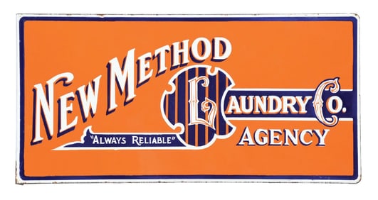 NEW METHOD LAUNDRY COMPANY PORCELAIN FLANGE SIGN