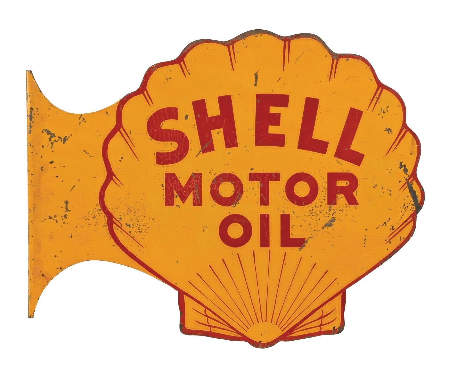 SHELL MOTOR OIL DIE CUT TIN FLANGE SIGN: DST. C. 1920s. Maker Marked American Artworks. CONDITION: Sign shows fair color throughout with a moderate to heavy amount of flaking paint present on each side. Side one retains a large majority of i
