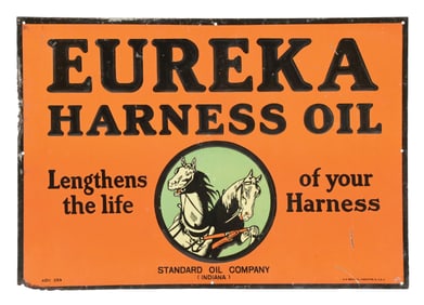 EUREKA HARNESS OIL EMBOSSED TIN SIGN W/ HORSE GRAPHIC